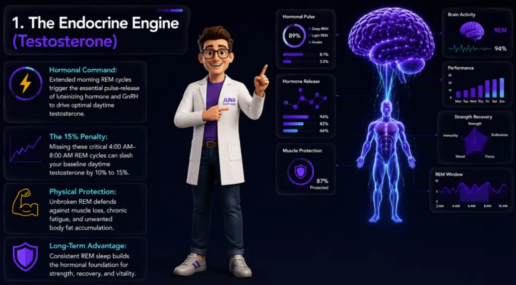 Juna-Sleep-Systems-Endocrine-Engine-Testosterone An educational health infographic by JUNA Sleep Systems explaining "The Endocrine Engine (Testosterone)." A cartoon sleep expert in a white lab coat points toward a glowing purple brain and human silhouette. The graphic details how morning REM sleep impacts hormone release, muscle protection, and physical recovery.