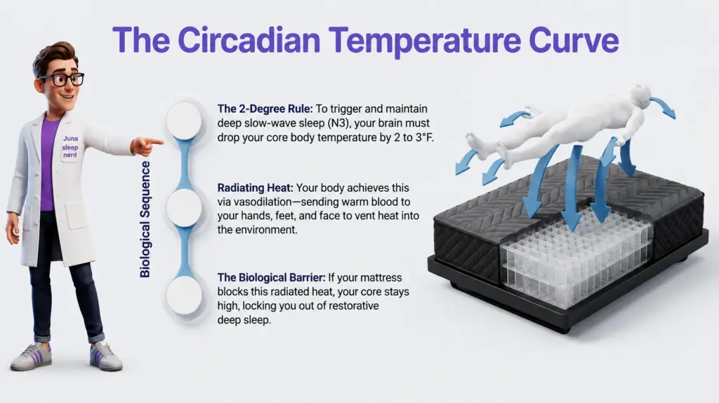 An educational infographic titled "The Circadian Temperature Curve" on a clean, light gray background. On the left, a friendly 3D cartoon character wearing a purple shirt and a white lab coat with a "Juna sleep nerd" logo points toward a vertical three-step "Biological Sequence" timeline. Three text blocks explain core body temperature drops and vasodilation. On the right, a 3D model of a charcoal-colored mattress is cut open to reveal a clear grid of supportive internal coils, with a translucent white human figure floating above it surrounded by downward and outward-pointing blue arrows symbolizing heat radiation.