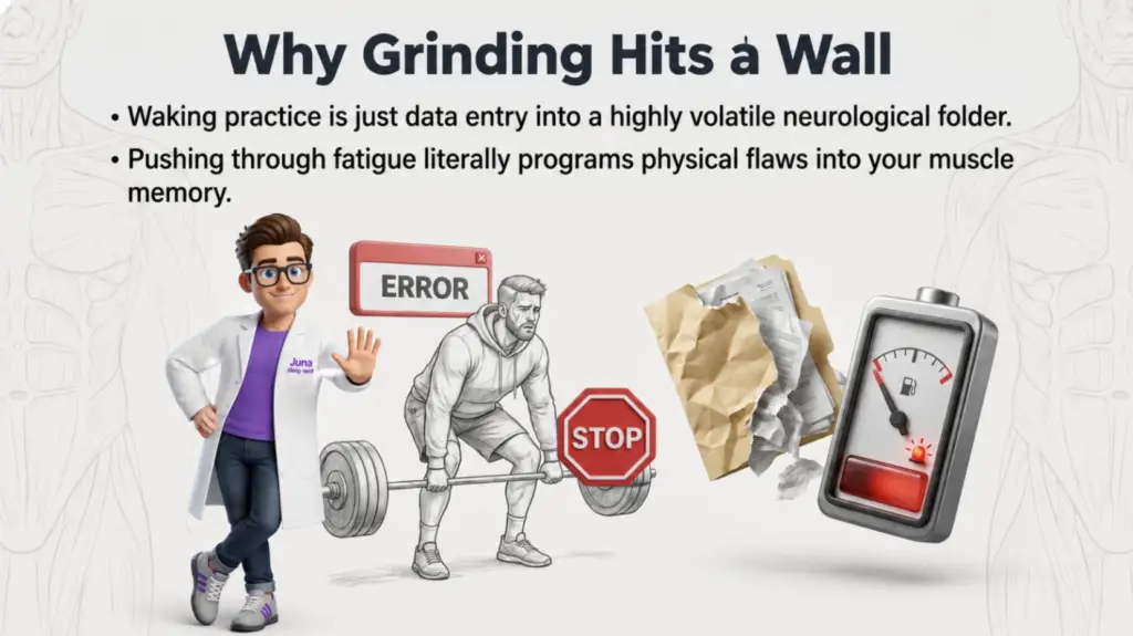 How Sleep Enhances Motor Skills .An educational infographic titled "Why Grinding Hits a Wall" for Juna Sleep Systems. A cartoon sleep expert holds up his hand in a stop gesture next to a sketch of a fatigued weightlifter deadlifting under an "ERROR" notification and a "STOP" sign. To the right, a crumpled manila folder overflowing with papers hovers next to a fuel gauge pointing to empty.