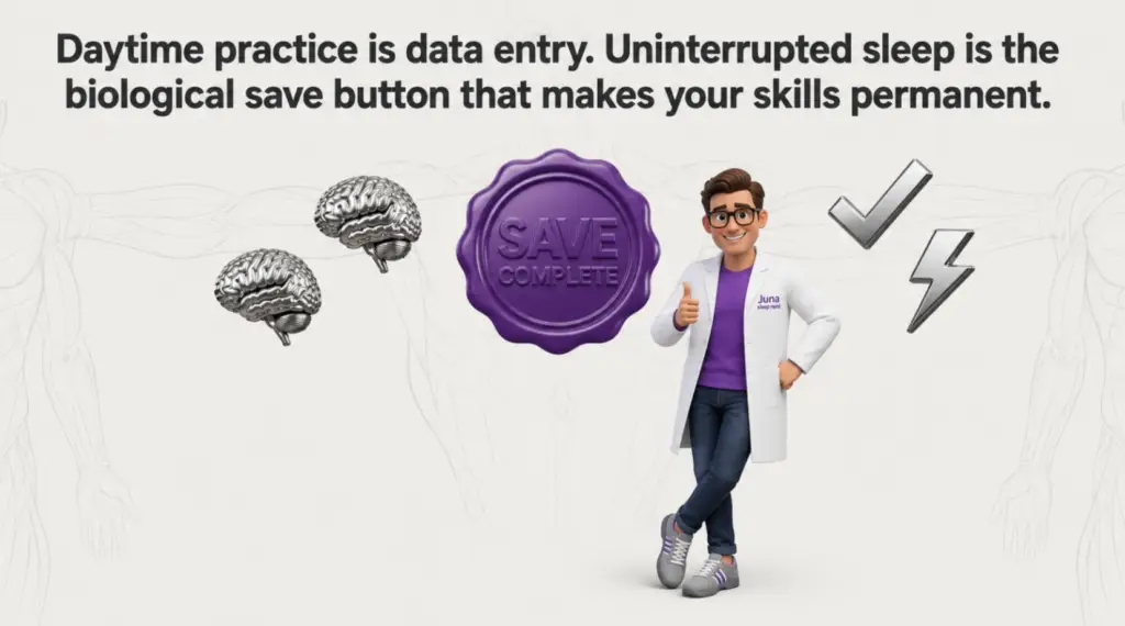 How Sleep Enhances Motor Skills .An educational graphic titled "Daytime practice is data entry. Uninterrupted sleep is the biological save button that makes your skills permanent." For Juna Sleep Systems, a cartoon sleep expert gives a thumbs up next to a large purple badge reading "SAVE COMPLETE," two metallic human brain models, a silver checkmark, and a lightning bolt.