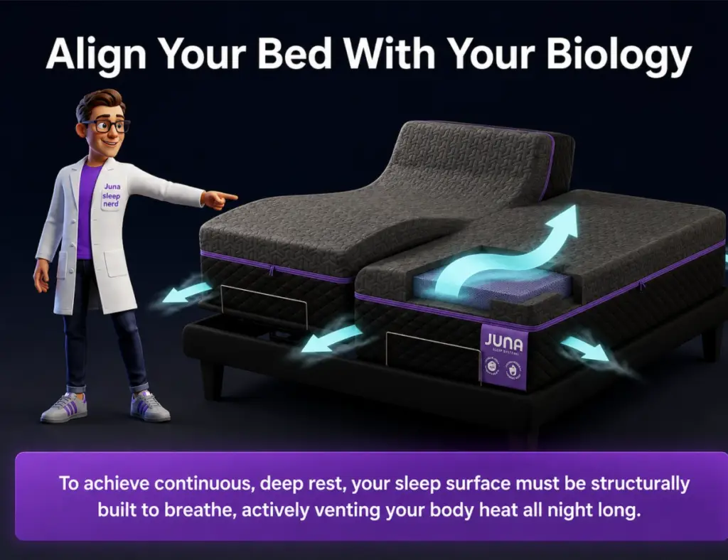 Mattress Thermoregulation. An infographic titled "Align Your Bed With Your Biology" against a dark background. On the left, a 3D animated character wearing a purple t-shirt and a white lab coat with a "Juna sleep nerd" logo points toward a modern, dark gray adjustable split-king bed on a black frame. The left side of the mattress is raised at the head, while the right side remains flat with a square cutaway showing a purple internal foam layer. Glowing, light blue arrows curve upward from the cutaway and escape outward from the sides of the mattress base, illustrating heat escaping. A purple text banner sits at the very bottom.