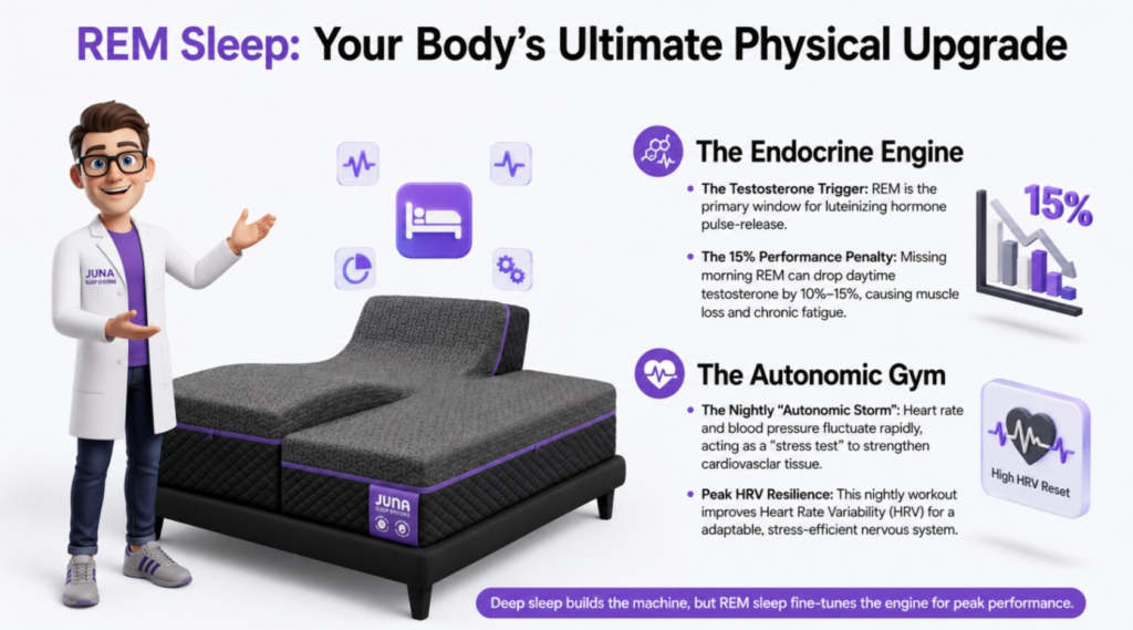 Juna-Sleep-Systems-REM-Sleep-Ultimate-Physical-Upgrade An educational product infographic for JUNA Sleep Systems showing a split adjustable smart mattress on a dark background. On the left, a cartoon sleep expert in a white lab coat gestures toward the bed, while the right side features text blocks summarizing "The Endocrine Engine" and "The Autonomic Gym" benefits of REM sleep.