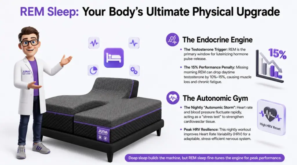 Juna-Sleep-Systems-REM-Sleep-Ultimate-Physical-Upgrade An educational product infographic for JUNA Sleep Systems showing a split adjustable smart mattress on a dark background. On the left, a cartoon sleep expert in a white lab coat gestures toward the bed, while the right side features text blocks summarizing "The Endocrine Engine" and "The Autonomic Gym" benefits of REM sleep.