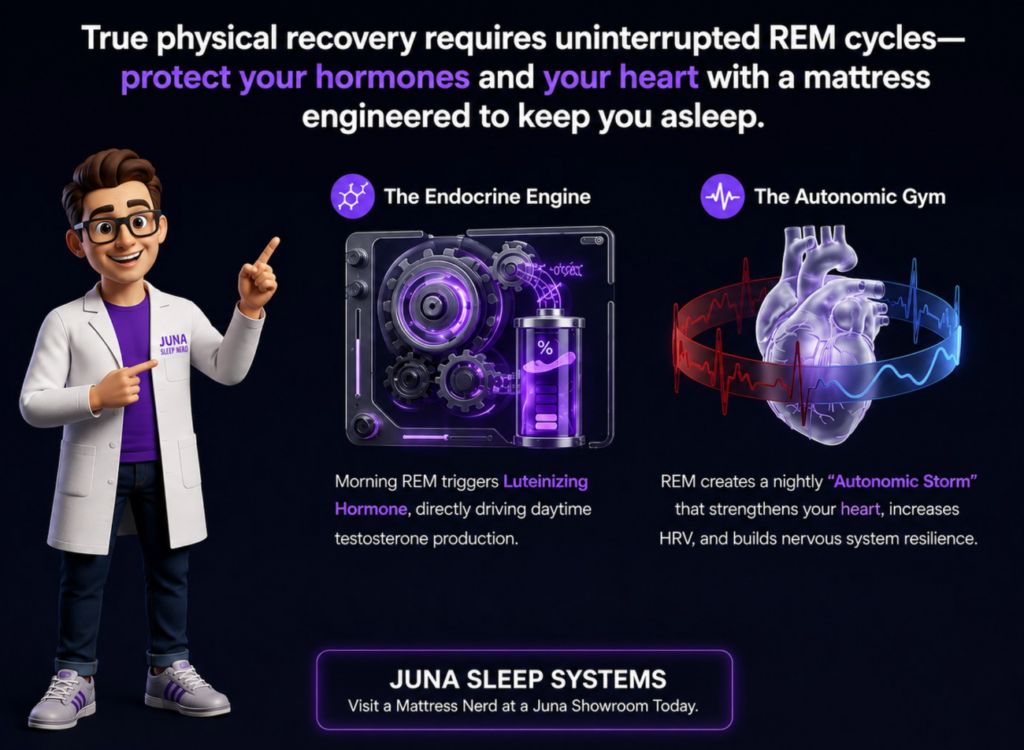 Juna-Sleep-Systems-Uninterrupted-REM-Physical-Recovery An educational advertisement for JUNA Sleep Systems. On a dark background, a cartoon sleep expert in a white lab coat points toward two main visuals: a mechanical engine illustration labeled "The Endocrine Engine" and a translucent human heart model labeled "The Autonomic Gym." The text emphasizes that physical recovery requires uninterrupted REM cycles.