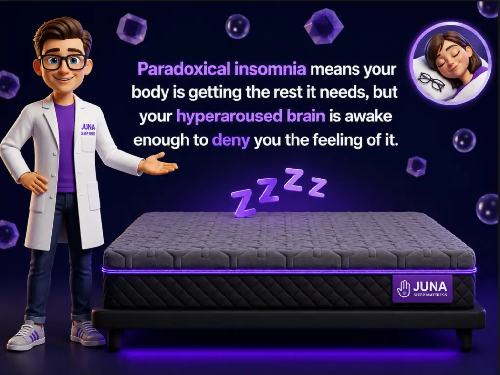 A friendly, 3D animated character wearing a white lab coat with a "Juna Sleep Nerd" logo stands on the left side of a dark blue infographic layout titled "Isolating the Survival Response." He gestures toward an adjustable split-mattress bed system on a dark grid platform. Three floating glass-like presentation panes highlight the features of the mattress design: The 'H' Geometry, Total Motion Isolation, and The 28-Inch Bridge.