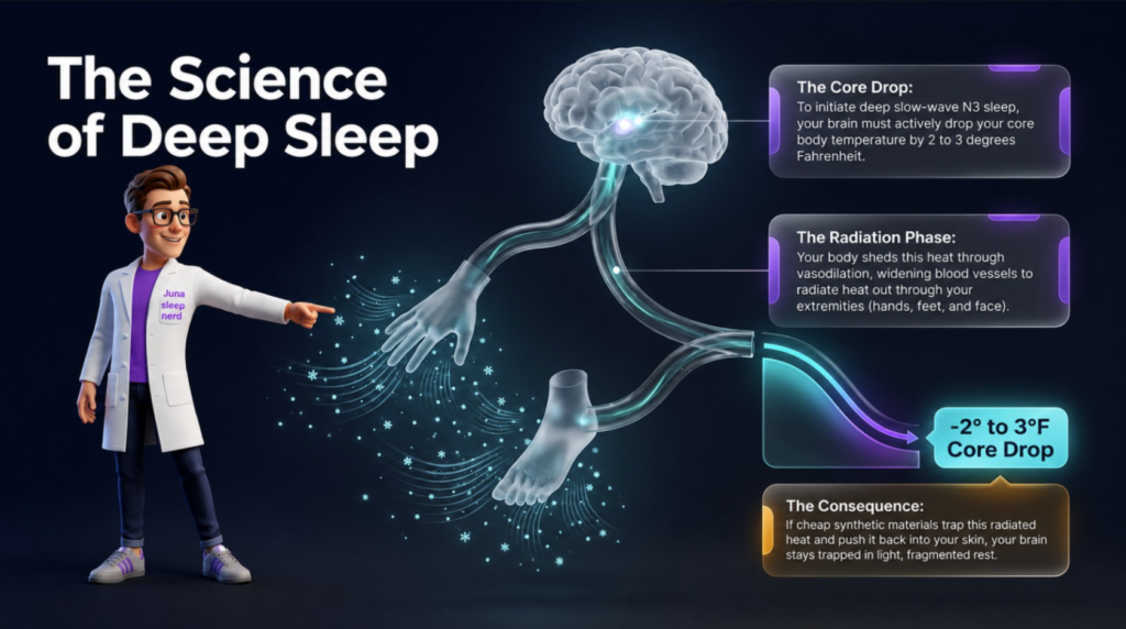 An infographic titled "The Science of Deep Sleep" on a dark background. On the left, a friendly 3D cartoon character wearing a purple shirt and a white lab coat with a "Juna sleep nerd" logo points toward a central glowing anatomy diagram. The diagram reveals a transparent 3D human brain connected by glowing pathways to a translucent hand and foot radiating white, star-like heat particles. On the right, three floating, glass-like display panes explain the biological steps of a core temperature drop and the negative consequences of heat-trapping mattress materials.