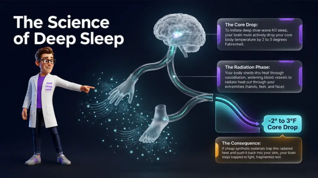 An infographic titled "The Science of Deep Sleep" on a dark background. On the left, a friendly 3D cartoon character wearing a purple shirt and a white lab coat with a "Juna sleep nerd" logo points toward a central glowing anatomy diagram. The diagram reveals a transparent 3D human brain connected by glowing pathways to a translucent hand and foot radiating white, star-like heat particles. On the right, three floating, glass-like display panes explain the biological steps of a core temperature drop and the negative consequences of heat-trapping mattress materials.