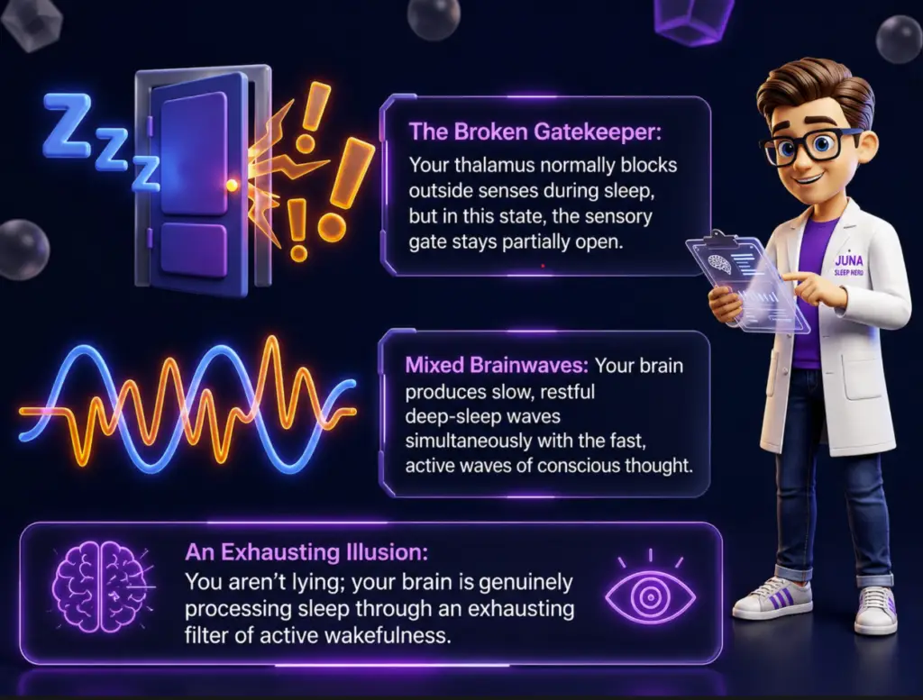 Paradoxical Insomnia. A friendly, 3D animated character wearing a white lab coat with a "Juna Sleep Nerd" logo stands on the right side of a dark blue infographic layout. He holds a clear digital clipboard and points toward several glowing elements. On the top left, an icon shows a purple door slightly ajar with neon orange exclamation points bursting through. Below it, a graph displays a smooth blue wavy line intertwined with a jagged neon orange line. Two dark panels on the right and a long bar at the bottom explain the mechanics of the sleep illusion.