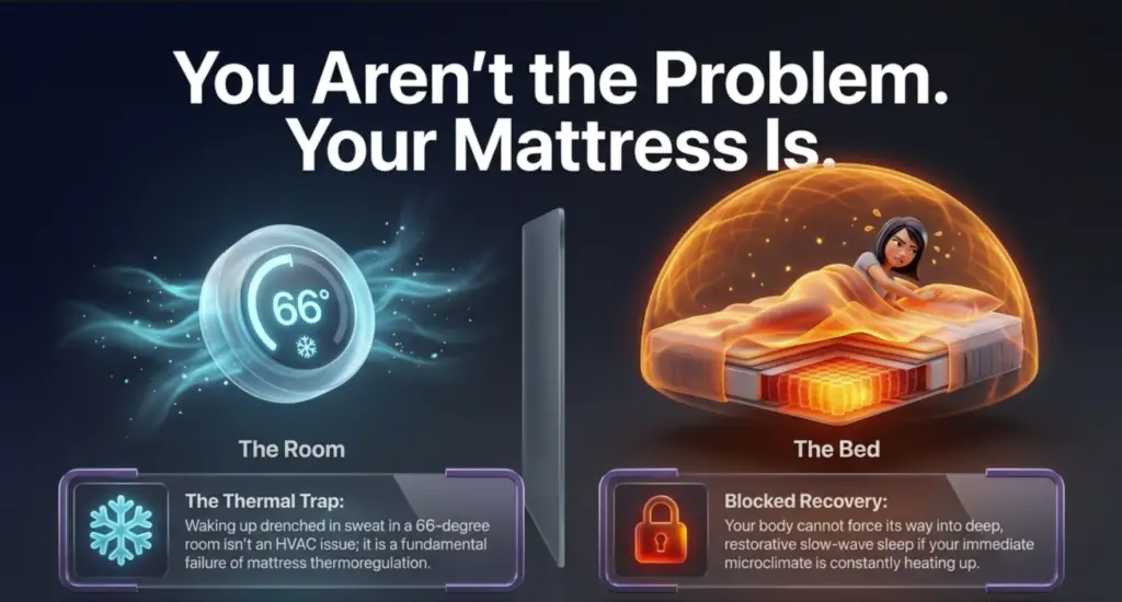 A friendly, 3D animated character wearing a purple shirt and a white lab coat with a "Juna Sleep Nerd" logo stands on the left side of a dark background. He points with his left hand toward a premium, modern dark gray mattress positioned on the right. The mattress features a square cutaway on its side, exposing an internal supportive pocketed coil network. Glowing, light blue arrows curve up from the cutaway and sweep outward through the sides and base of the bed to illustrate continuous airflow. To his left, two floating, semi-transparent text panels detail the importance of structural airflow and breathable materials.