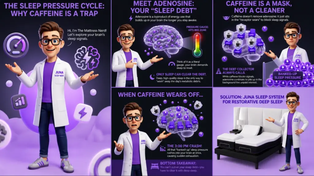 The Sleep Pressure Cycle: Why Caffeine is a Trap A multi-panel educational infographic on a purple background titled "The Sleep Pressure Cycle: Why Caffeine is a Trap". A friendly 3D cartoon character wearing a white lab coat with a "Juna Sleep Nerd" logo appears across five distinct grid sections. The panels guide the viewer through illustrations of a brain next to a color-coded temperature gauge, a brain surrounded by coffee cups behind shields, a worried character showing a brain flooded with sleep pressure, and a final panel featuring the character standing next to a modern split-adjustable bed setup.