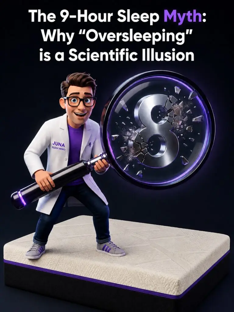 overr sleeping A friendly, 3D animated character wearing a purple t-shirt and a white lab coat with a "Juna Sleep Nerd" logo stands on the left side of a dark purple background. He smiles and gestures with his left hand toward a premium mattress on a modern bed frame. Above the bed, a central text block defines "Paradoxical insomnia," highlighting the terms "hyperaroused brain" and "deny" in purple text. Four purple neon "Zzz" icons float directly above the mattress surface. In the upper right corner, a circular floating frame shows a sleeping 3D female character resting peacefully next to a pair of glasses. Glowing purple geometric crystals and translucent bubbles drift around the layout.