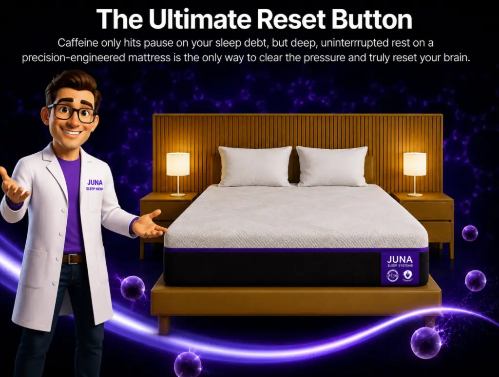 The Ultimate Reset Button A friendly, 3D animated character wearing a brown belt and a white lab coat with a "Juna Sleep Nerd" logo stands on the left side of a dark background with floating purple cells. He smiles and holds his hands out in an open, welcoming gesture toward a luxury mattress setup on his right. The mattress features a white patterned cover and a signature purple-and-black border with a "Juna Sleep Systems" logo badge in the bottom corner. It rests on a wooden frame with a tall slatted wooden headboard, flanked by two matching wooden nightstands with glowing bedside lamps. Bold white text anchors the top, and a glowing purple energy wave sweeps across the foreground beneath the bed.