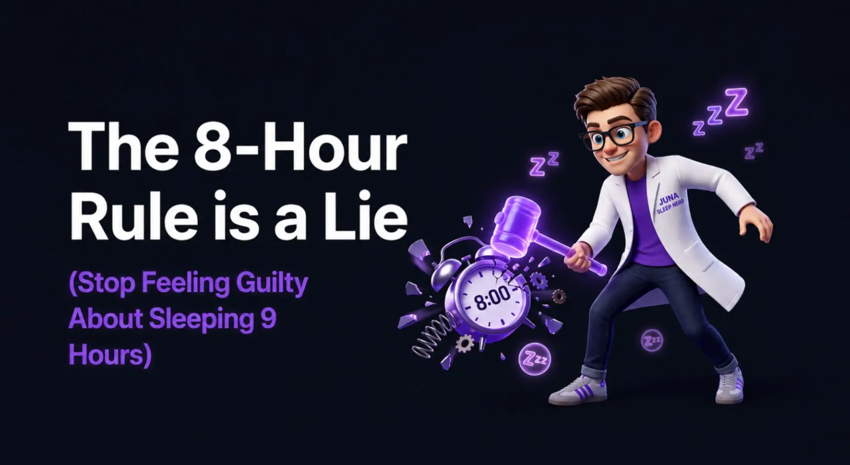 A 3D animated character wearing a purple t-shirt and a white lab coat with a "Juna Sleep Nerd" logo stands against a dark background. He leans forward dynamically while swinging a glowing purple gavel down to smash an alarm clock that displays "8:00". The clock shatters into flying metallic gears, spring coils, and shards. Large white text on the left reads "The 8-Hour Rule is a Lie," with purple subtext reading "(Stop Feeling Guilty About Sleeping 9 Hours)". Glowing purple "Zzz" icons float around the character and the broken clock.