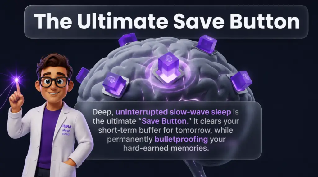 How Deep Sleep Cements MemoriesAn educational infographic titled "Section 4: The Physical Disruption (Mattress Sag)." It shows side-by-side mattress graphics: on the left, an "Unstable Support Structure" causing a spine to bend uncomfortably, and on the right, an "Engineered Orthotic Platform" keeping a spine perfectly straight. At the bottom, a cartoon man in a white lab coat points toward a text box explaining how physical discomfort wakes you up and disrupts memory storage.