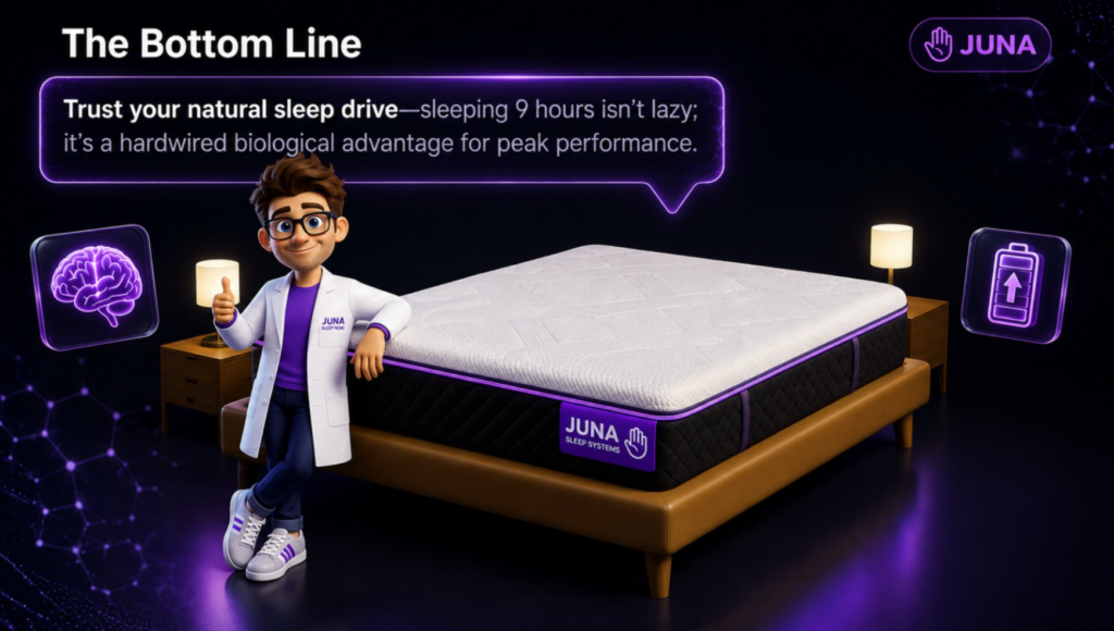 A friendly, 3D animated character wearing a purple t-shirt and a white lab coat with a "Juna Sleep Nerd" logo gives a thumbs-up while leaning against a premium mattress. The mattress sits on a modern wooden frame with matching nightstands and glowing lamps against a dark background. Above the bed, a large purple neon speech bubble contains white text. Flanking the character and the bed are two floating, square digital glass icons glowing with a purple human brain and a full battery meter.