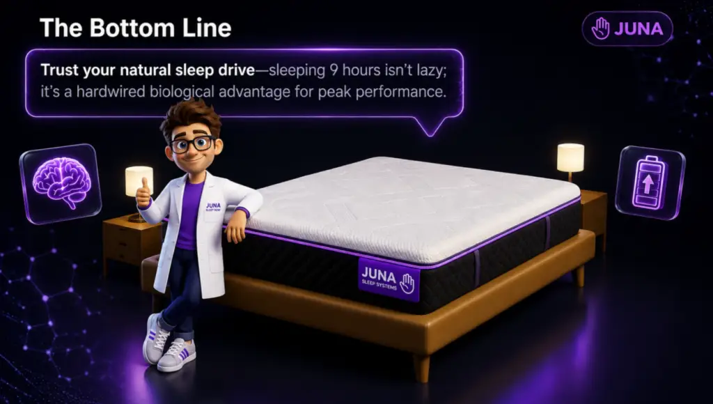 sleep to much A friendly, 3D animated character wearing a purple t-shirt and a white lab coat with a "Juna Sleep Nerd" logo gives a thumbs-up while leaning against a premium mattress. The mattress sits on a modern wooden frame with matching nightstands and glowing lamps against a dark background. Above the bed, a large purple neon speech bubble contains white text. Flanking the character and the bed are two floating, square digital glass icons glowing with a purple human brain and a full battery meter.