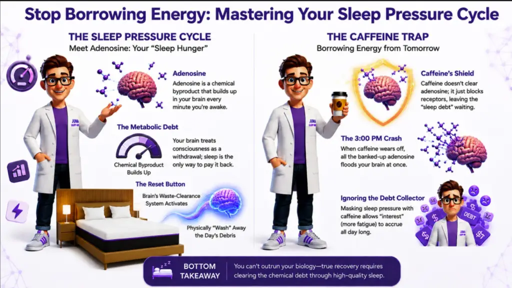 The Caffeine Block: Masking the Sleep Debt A friendly, 3D animated character wearing a white lab coat with a "Juna Sleep Nerd" logo stands on the right side of a purple infographic layout. He holds a takeaway coffee cup and points toward a large graphic of a human brain in the center. Surrounding the brain are small molecular receptor sites shaped like small silver chairs. Several chairs are covered by glowing silver shields with coffee cup icons, while large purple orbs representing accumulated sleep pressure float nearby. On the left, two dark, transparent text panels break down the caffeine mechanism.
