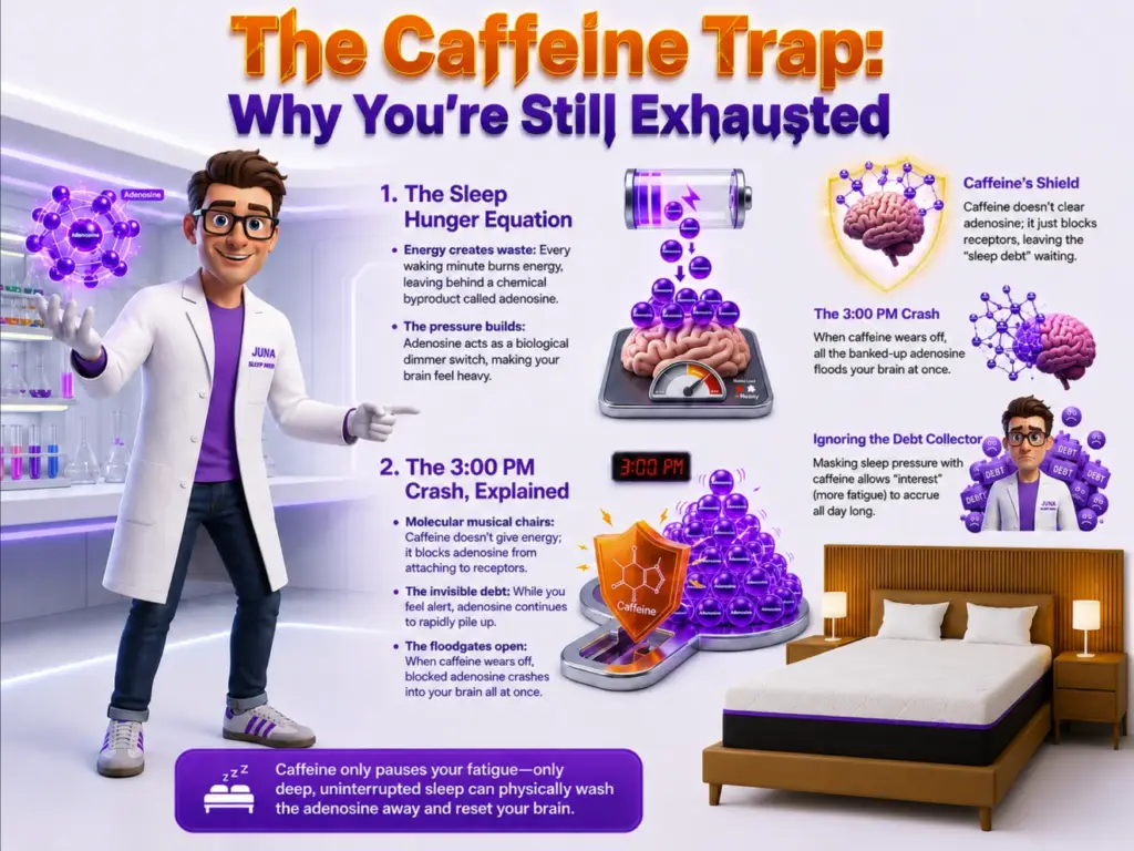 The Caffeine Trap: Why You're Still Exhausted A comprehensive infographic on a light background titled "The Caffeine Trap: Why You're Still Exhausted". A friendly, 3D animated character wearing a white lab coat with a "Juna Sleep Nerd" logo stands on the left in a high-tech lab setting, gesturing to multiple explanatory diagrams. The graphics include a battery pouring purple molecules onto a brain sitting on a scale, a golden shield blocking molecules from a brain, a massive pile of purple spheres dropping at 3:00 PM, and a worried version of the character buried under "DEBT" badges. In the bottom right corner sits a premium mattress with a wooden headboard, and a purple banner runs along the very bottom.