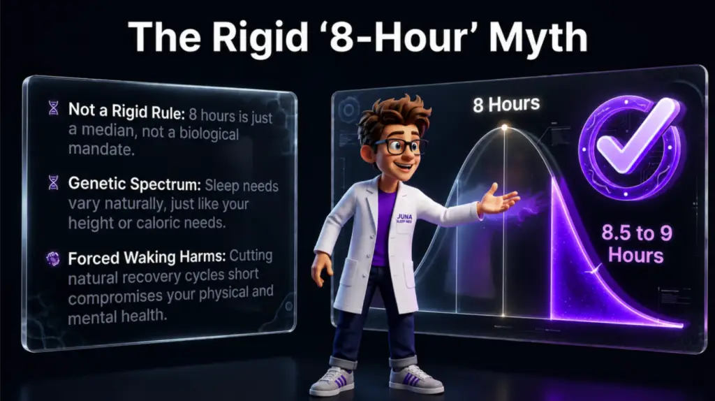 the rigid hours A friendly, 3D animated character wearing a white lab coat with a "Juna Sleep Nerd" logo stands in the center of a high-tech dark background. He points toward a large transparent digital panel on the right that displays a neon bell curve graph. The peak of the curve is labeled "8 Hours," while a glowing purple section on the right side of the curve features a large checkmark icon and highlights "8.5 to 9 Hours". To his left, another floating glass panel lists three text points with purple icons challenging strict sleep rules.