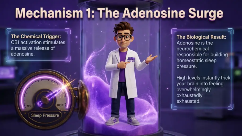 Cartoon Juna Sleep Nerd standing inside a glass hour-glass style cylinder next to a glowing gauge labeled Sleep Pressure pushed to 100%, accompanied by text panels explaining how adenosine creates immediate sleepiness.