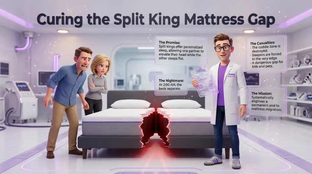 split king mattress separating issues are illustrated in the "Curing the Split King Mattress Gap" infographic where a frustrated couple looks at a glowing red fault line between beds while a Juna mattress nerd holds a clipboard in a lab.