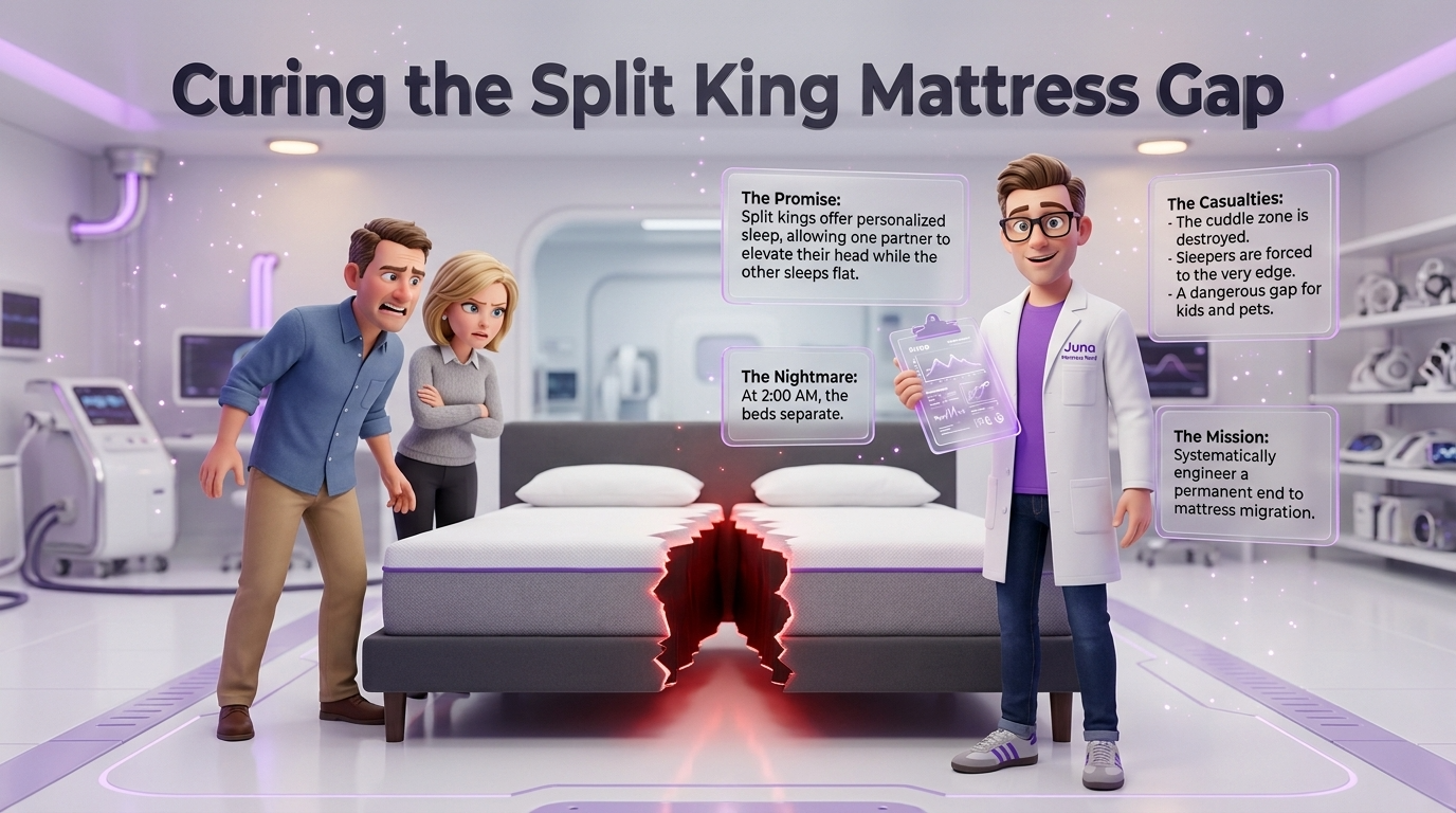 split king mattress separating issues are illustrated in the "Curing the Split King Mattress Gap" infographic where a frustrated couple looks at a glowing red fault line between beds while a Juna mattress nerd holds a clipboard in a lab.