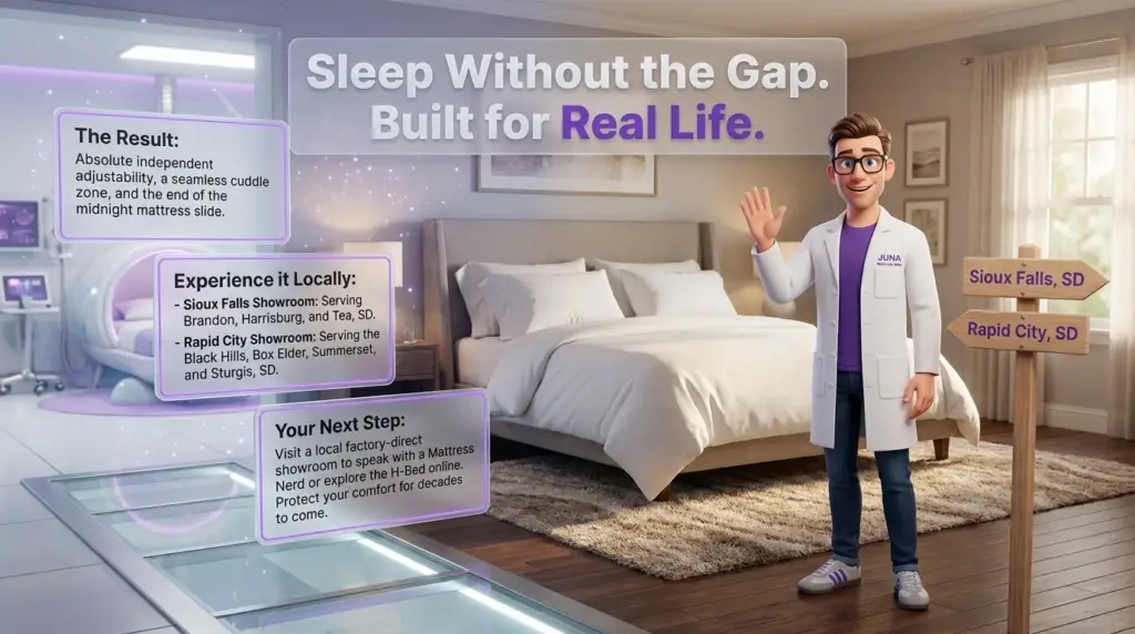 split king mattress separating issues are eliminated in "Sleep Without the Gap. Built for Real Life" infographic, featuring a smiling Juna mattress nerd standing in a modern bedroom beside a seamlessly made king bed and local showroom signposts.