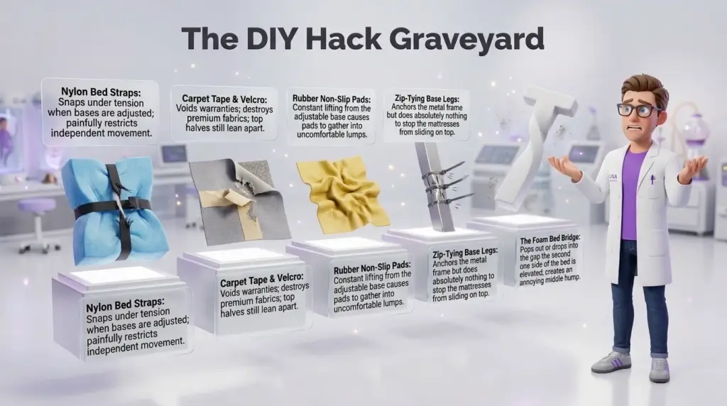 split king mattress separating temporary fixes are displayed in "The DIY Hack Graveyard" infographic, where a frustrated Juna mattress nerd stands next to failed home solutions on glowing pedestals.
