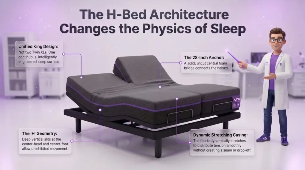 split king mattress separating is prevented by architectural design in "The H-Bed Architecture Changes the Physics of Sleep" infographic, showing a Juna mattress nerd pointing a glowing wand at an engineered h-shape split mattress.
