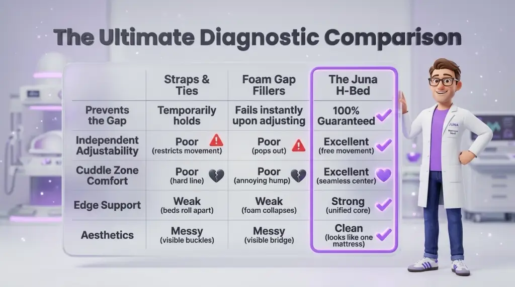 split king mattress separating solutions are evaluated in "The Ultimate Diagnostic Comparison" chart infographic, where a Juna mattress nerd shows how straps and foam gap fillers fail while the Juna H-Bed scores excellently.