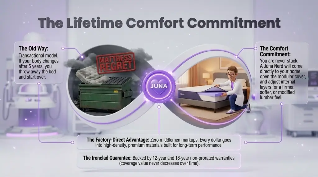 split king mattress separating anxiety and buyers remorse are avoided through "The Lifetime Comfort Commitment" infographic, showing a comparison between a mattress in a dumpster and a Juna mattress nerd adjusting modular layers at a customer's home inside an infinity loop graphic.