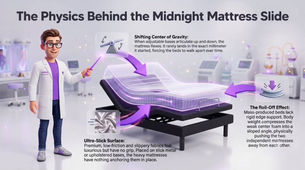 split king mattress separating mechanics are analyzed in "The Physics Behind the Midnight Mattress Slide" infographic, where a Juna mattress nerd points a wand at three dynamic causes affecting an articulating adjustable bed base. xdwayxdwayxdw