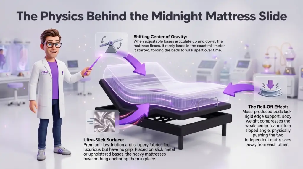 split king mattress separating mechanics are analyzed in "The Physics Behind the Midnight Mattress Slide" infographic, where a Juna mattress nerd points a wand at three dynamic causes affecting an articulating adjustable bed base. xdwayxdwayxdw
