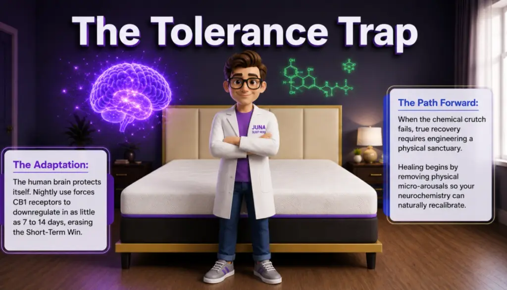 Cartoon Juna Sleep Nerd standing arms crossed in front of a modern mattress with glowing brain and chemical structure icons overhead, flanked by text panels explaining brain adaptation and building a natural sleep sanctuary.