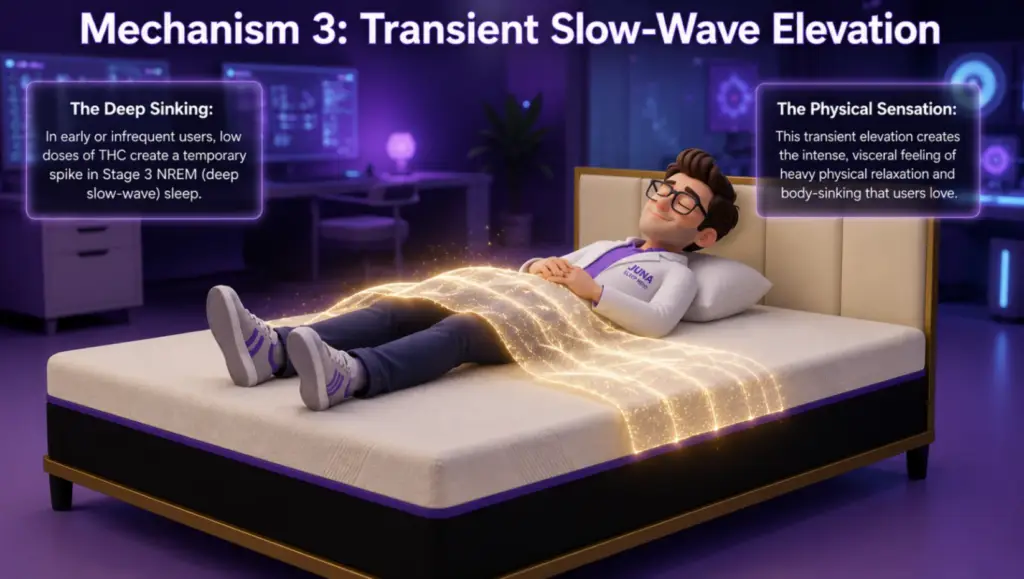 Cartoon Juna Sleep Nerd resting peacefully in bed under a glowing gold weighted blanket effect, with surrounding text explaining how temporary spikes in deep slow-wave sleep create a heavy physical relaxation sensation.