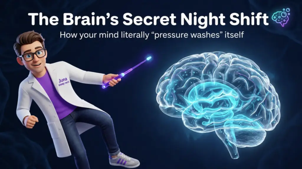 An educational infographic titled "The Brain's Secret Night Shift" for JUNA Sleep Systems. A cartoon sleep expert in a white lab coat holds a glowing purple pressure-washing wand, pointing it toward a large, translucent human brain model illuminated with neon-blue fluid and bubbles.