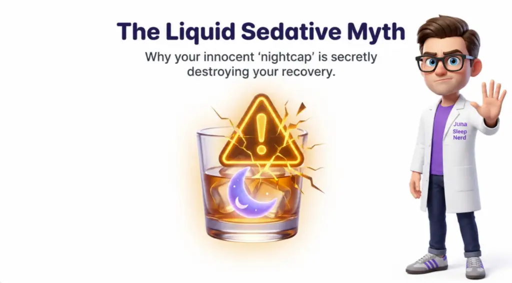 An educational graphic titled "The Liquid Sedative Myth: Why your innocent &lsquo;nightcap&rsquo; is secretly destroying your recovery." For JUNA Sleep Systems, a cartoon sleep expert holds up his hand in a stop gesture beside a glass of amber alcohol on ice with a glowing yellow warning symbol breaking through it.