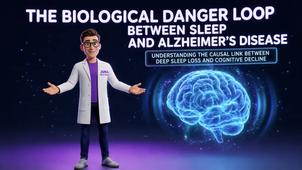 An educational sleep infographic titled "The Biological Danger Loop Between Sleep and Alzheimer's Disease" for JUNA Sleep Systems. A cartoon sleep expert stands on the left with open arms, gesturing toward a large, glowing blue 3D human brain model surrounded by cosmic, sparkling particles on a dark purple background.
