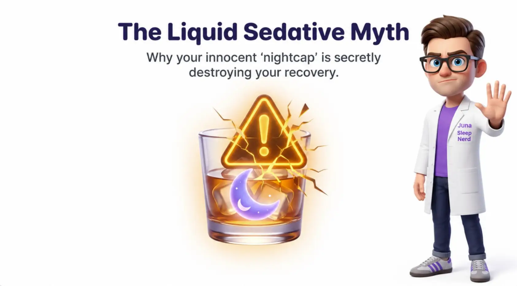 An educational graphic titled "The Liquid Sedative Myth: Why your innocent &lsquo;nightcap&rsquo; is secretly destroying your recovery." For JUNA Sleep Systems, a cartoon sleep expert holds up his hand in a stop gesture beside a glass of amber alcohol on ice with a glowing yellow warning symbol breaking through it.