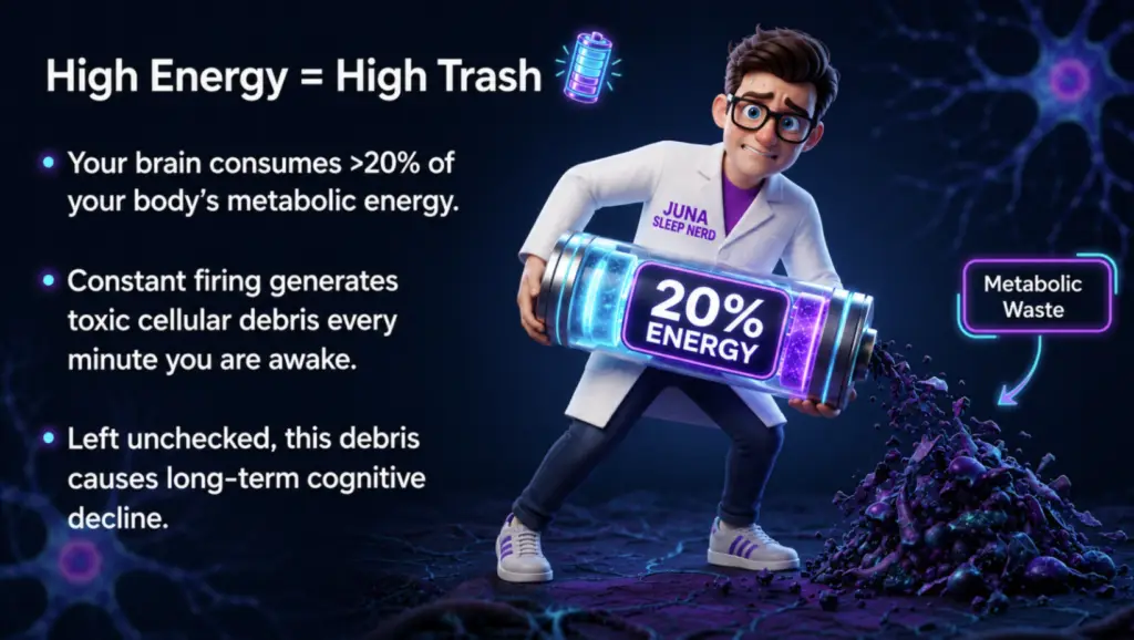 Glymphatic System and Deep Sleep An educational infographic titled "High Energy = High Trash" for JUNA Sleep Systems. A cartoon sleep expert strains while holding a large, glowing battery labeled "20% ENERGY" that is spilling purple and black debris onto the ground. The text details how brain energy consumption creates toxic metabolic waste.