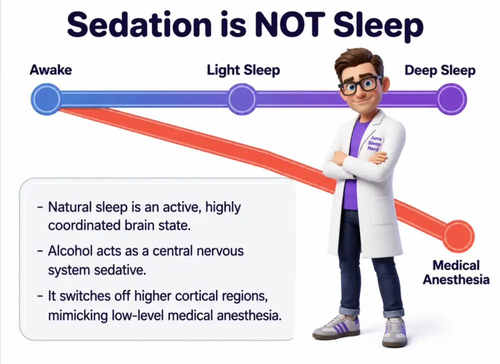 Alcohol and Sleep: The Biological Illusion of the Nightcap An educational sleep infographic titled "Sedation is NOT Sleep" for JUNA Sleep Systems. The graphic shows a chart comparing a natural sleep path (Awake, Light Sleep, Deep Sleep) in purple against a downward trajectory into Medical Anesthesia in red, with a cartoon sleep expert standing alongside the data.