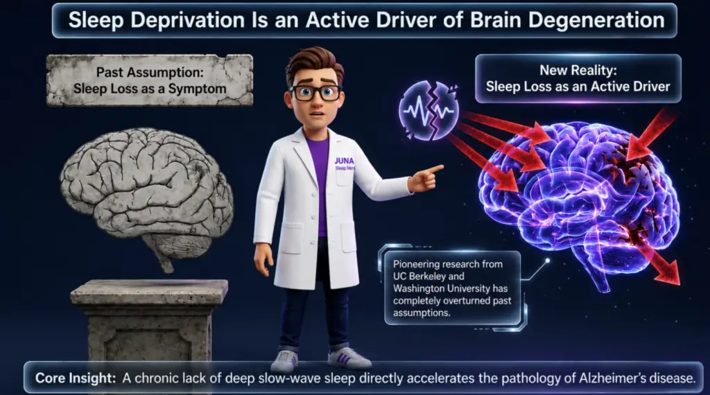 An educational science infographic titled "Sleep Deprivation Is an Active Driver of Brain Degeneration" for JUNA Sleep Systems. A cartoon sleep expert stands in the center, pointing away from a stone brain sculpture on a pedestal labeled "Past Assumption" and toward a vibrant, glowing purple 3D model of a human brain targeted by red arrows under a "New Reality" label.