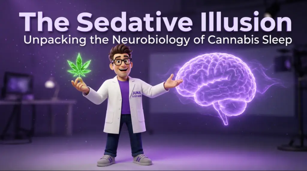 Cartoon Juna Sleep Nerd holding a glowing green cannabis leaf next to a glowing purple brain with text reading "The Sedative Illusion: Unpacking the Neurobiology of Cannabis Sleep.