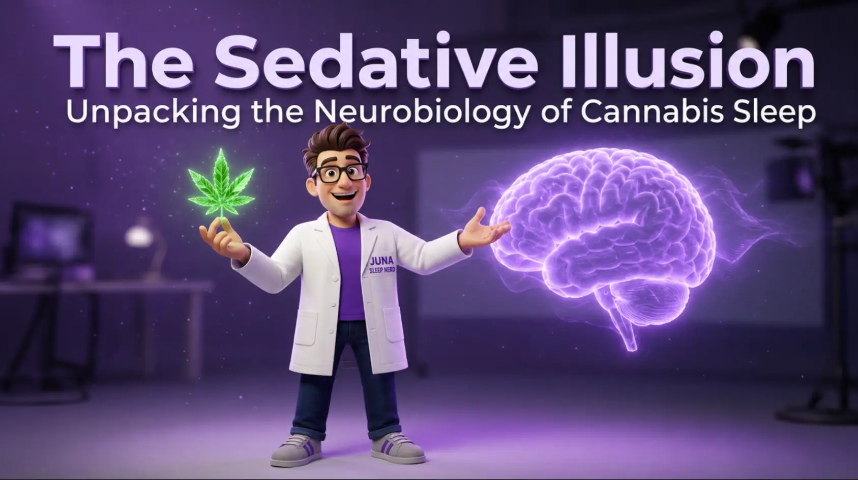 Cartoon Juna Sleep Nerd holding a glowing green cannabis leaf next to a glowing purple brain with text reading "The Sedative Illusion: Unpacking the Neurobiology of Cannabis Sleep.
