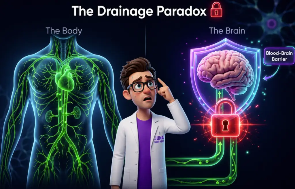 An educational infographic titled "The Drainage Paradox" for JUNA Sleep Systems. A confused cartoon sleep expert scratches his head between a diagram of the body's lymphatic system glowing in green and a diagram of the brain protected by a neon shield labeled "Blood-Brain Barrier" with a red padlock blocking the green flow.
