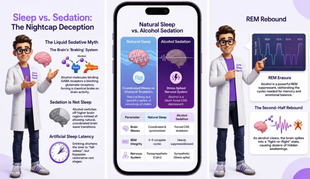 A multi-panel infographic for JUNA Sleep Systems titled "Sleep vs. Sedation: The Nightcap Deception." The graphic features a cartoon sleep expert on both sides of a central smartphone mockup, which displays a comparison chart between natural sleep waves and alcohol-induced sedation. The surrounding sections explain chemical brain reactions, REM erasure, and the "second-half rebound" effect of alcohol.