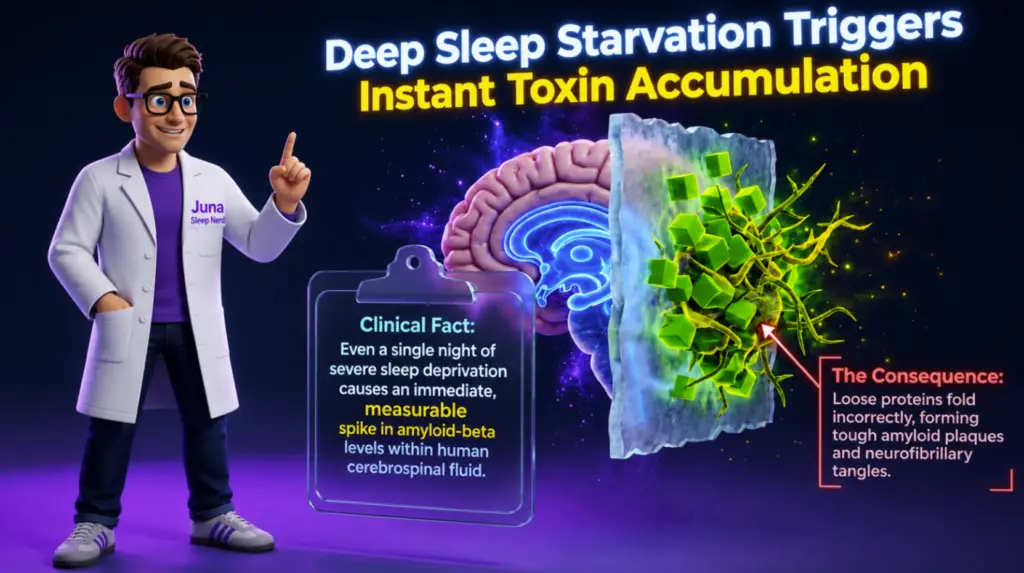 Alzheimer's and Sleep: Understanding the Bidirectional Connection An educational sleep infographic titled "Deep Sleep Starvation Triggers Instant Toxin Accumulation" for JUNA Sleep Systems. A cartoon sleep expert stands on the left pointing upward next to a glass clipboard detailing a clinical fact about amyloid-beta spikes. On the right, a cross-section of a human brain reveals a cutaway filled with green blocky clusters and tangled fibers representing plaque formation.