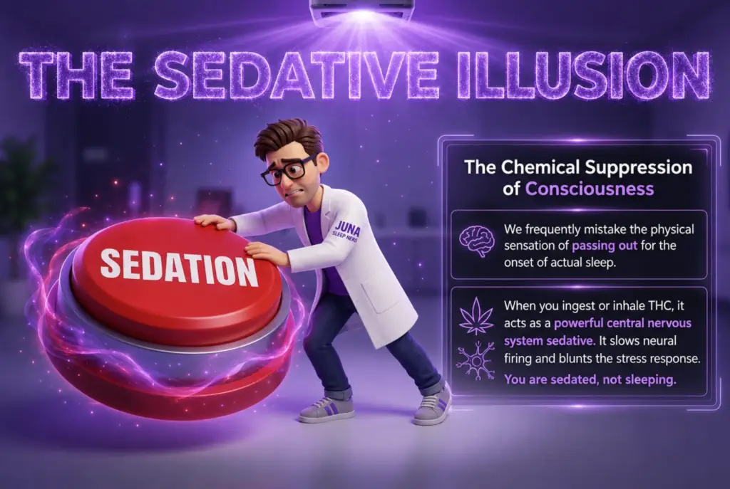 THC and Sleep: 7 Surprising Short-Term Wins and Long-Term LossesCartoon Juna Sleep Nerd pressing a large red button labeled SEDATION with glowing purple text reading "THE SEDATIVE ILLUSION" and an informational panel explaining the difference between chemical sedation and natural sleep.