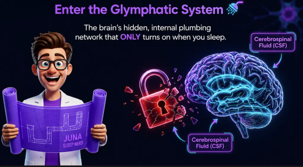 An educational sleep infographic titled "Enter the Glymphatic System" for JUNA Sleep Systems. On the left, a cartoon sleep expert smiles excitedly while unrolling a purple plumbing blueprint. In the center, a glowing red padlock shatters into pieces next to a detailed 3D human brain model illuminated with neon-blue channels.