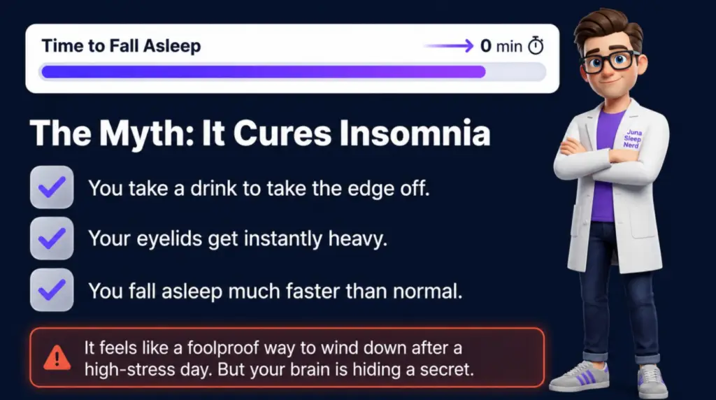 An educational sleep graphic for JUNA Sleep Systems titled "The Myth: It Cures Insomnia." A cartoon sleep expert stands on the right next to checkmarks detailing the immediate relaxing effects of a nightly drink, above a red warning box hinting at a hidden catch.